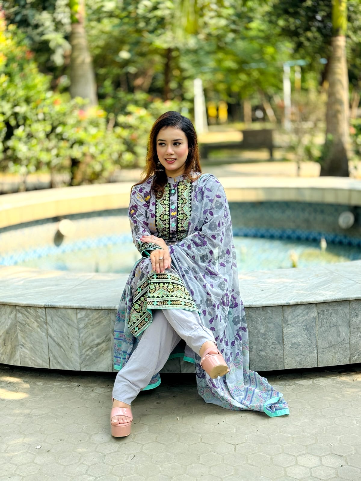 Grey Lavender Floral Salwar Kameez with Contrast Panel & Dupatta