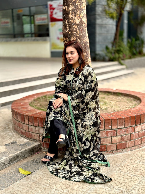 Black Printed Salwar Kameez Set with Dupatta