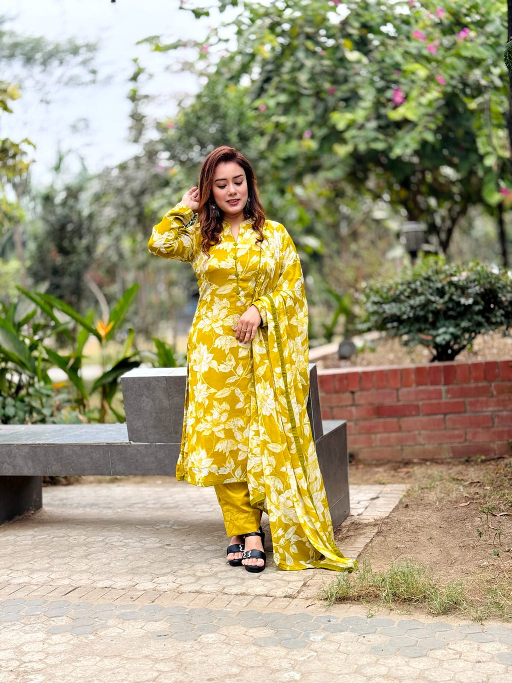 Mustard Yellow Floral Printed Salwar Kameez Set with Dupatta – Elegant Ethnic Wear