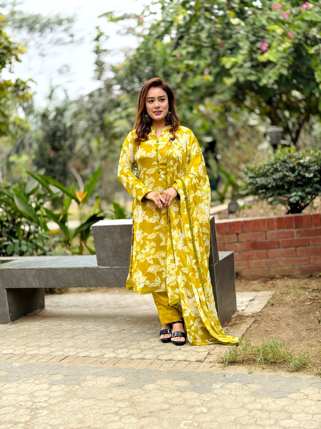 Mustard Yellow Floral Printed Salwar Kameez Set with Dupatta – Elegant Ethnic Wear