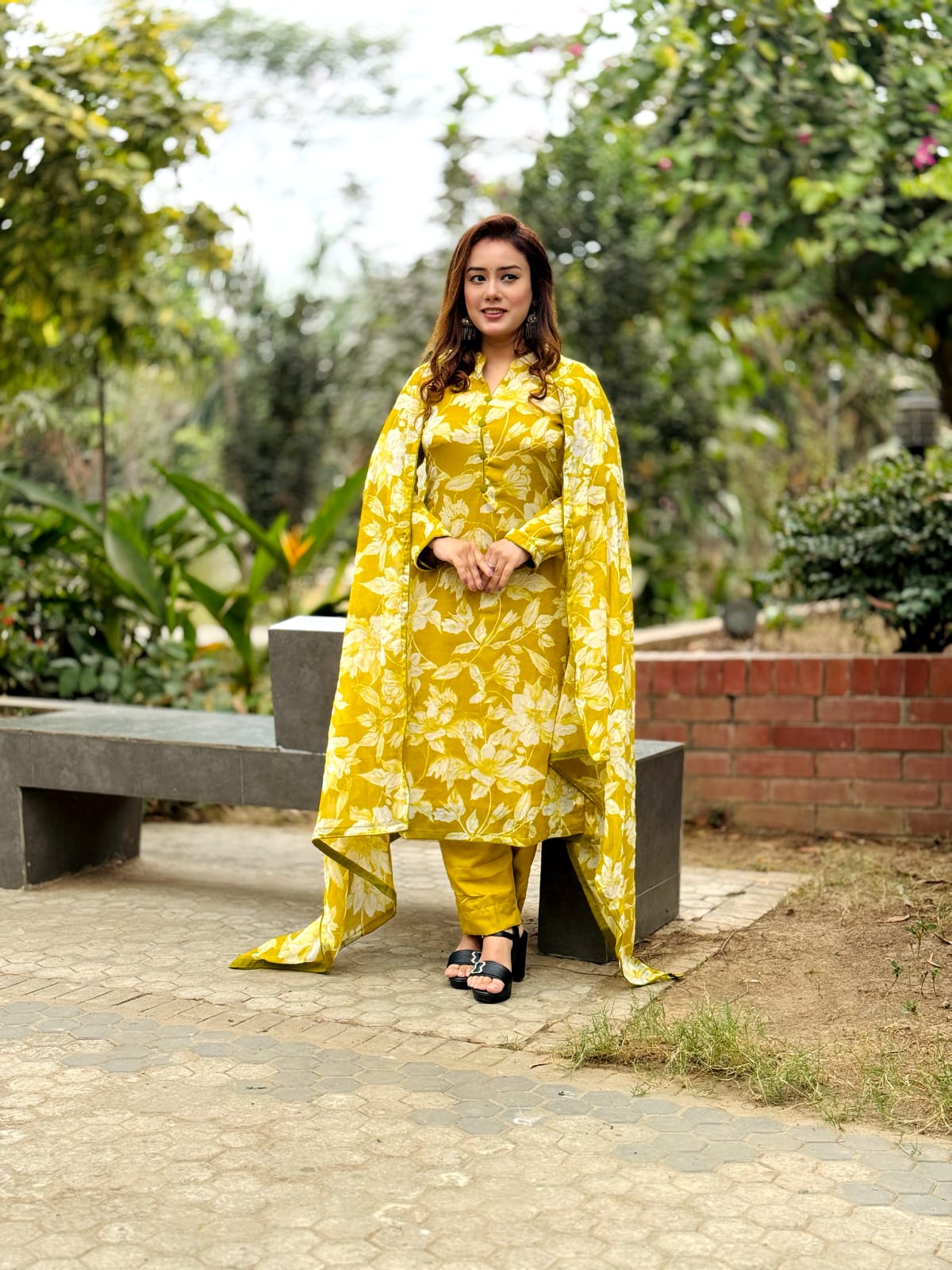 Mustard Yellow Floral Printed Salwar Kameez Set with Dupatta – Elegant Ethnic Wear