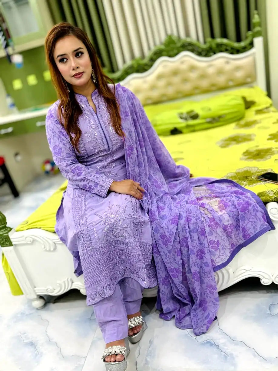 Embroidery shalwar kameez set comes with printed chiffon dupatta.